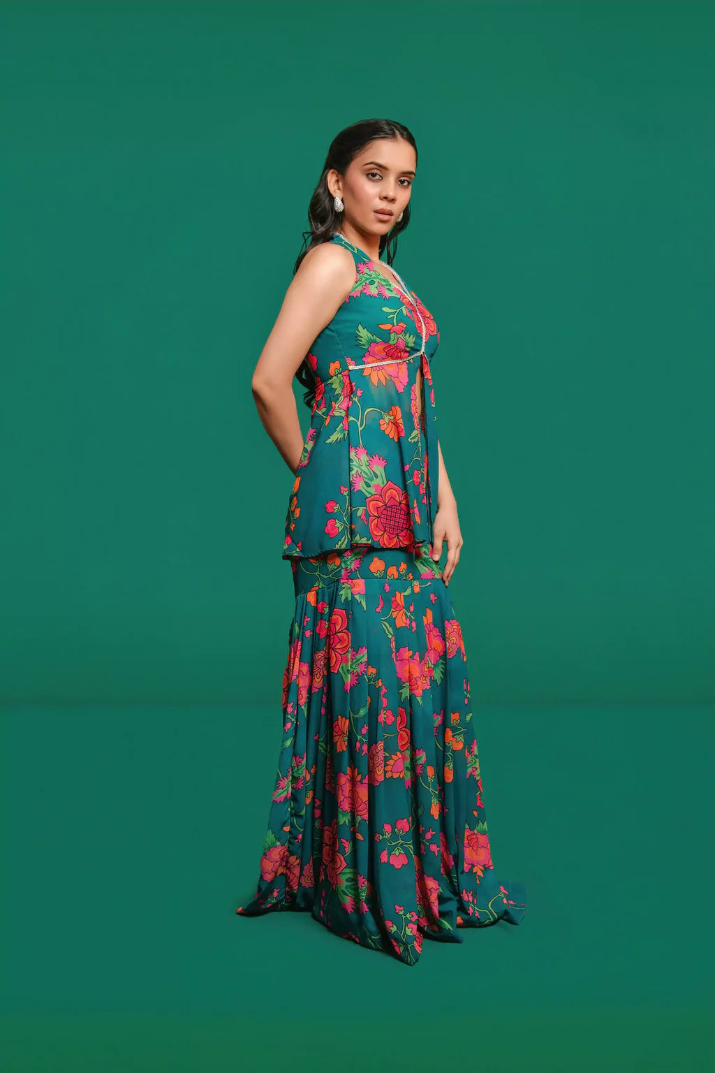 GREEN FLORAL GHARARA