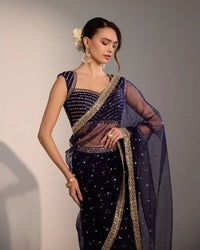 Navy Blue Net Saree with Zari Sequins Work - AgapiSarees