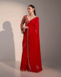 Red Georgette Saree with Zari Embroidery - AgapiSarees