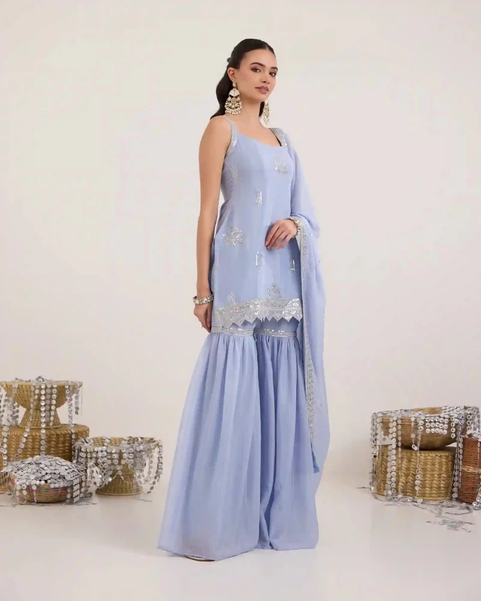 Powder Blue Chiffon Gharara Set with Zari & Sequin Embroidery - AgapiGharara Set