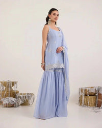 Powder Blue Chiffon Gharara Set with Zari & Sequin Embroidery - AgapiGharara Set