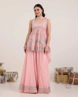 Sia Salmon Pink Chiffon Sharara Set with Mirror Work - AgapiSharara Set