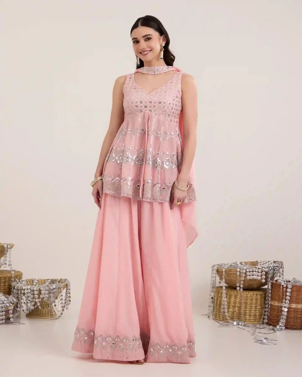 Sia Salmon Pink Chiffon Sharara Set with Mirror Work - AgapiSharara Set