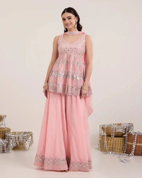 Sia Salmon Pink Chiffon Sharara Set with Mirror Work - AgapiSharara Set