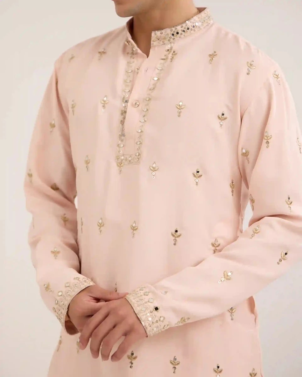 Arel Soft Apricot Satin Kurta Set with Zari - AgapiMen's Kurtha