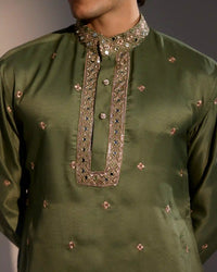 Traditional olive green ethnic kurta pajama set