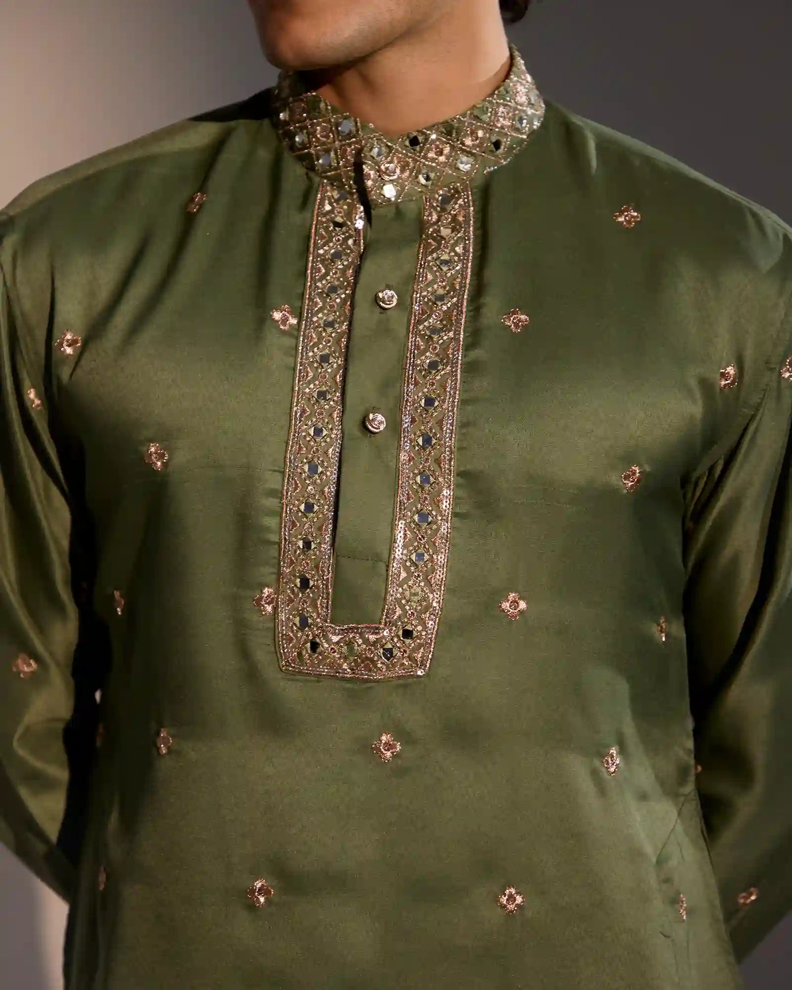 Traditional olive green ethnic kurta pajama set
