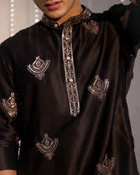 Black Satin Kurta Set with Zari Thread - AgapiMen's Kurtha