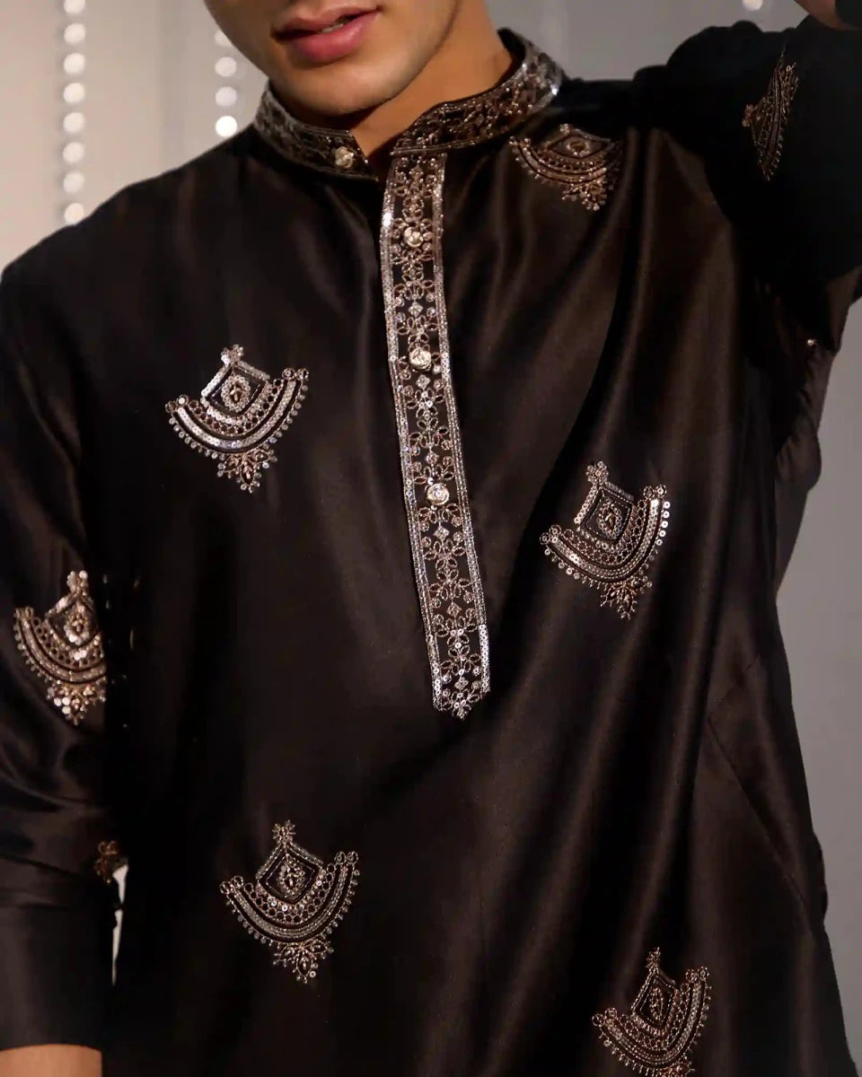Black Satin Kurta Set with Zari Thread - AgapiMen's Kurtha
