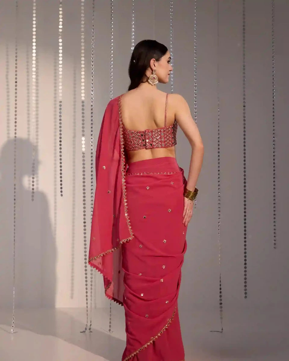 Rose Pink Georgette Pre - Draped Saree with Mirror Work - AgapiSarees