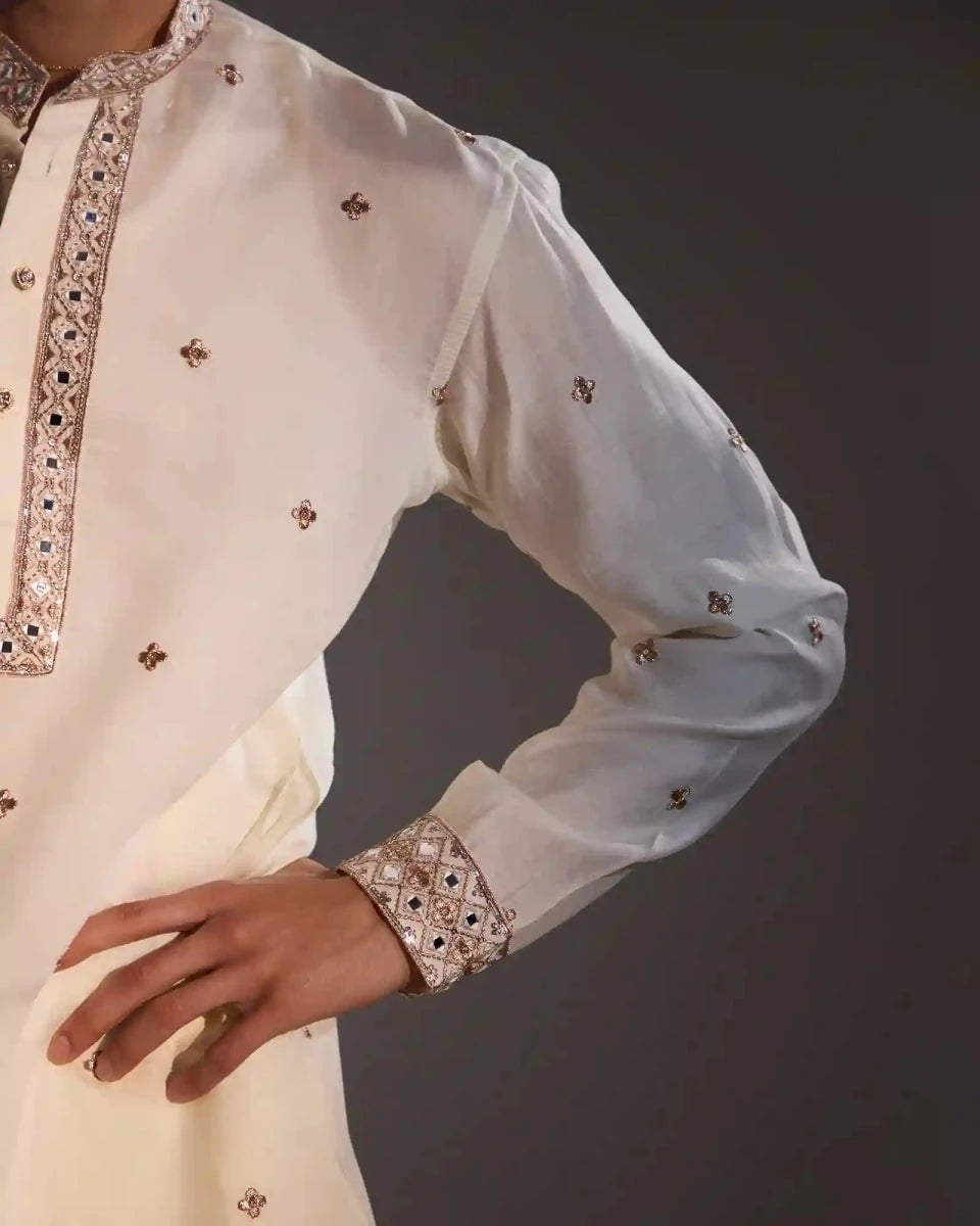 Adrian White Satin Kurta Set with Gold Zari - AgapiMen's Kurtha