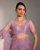 Soft Lilac Pre - Stitched Saree in Soft Net with Sequins, Silver Jari & Mirror Work - AgapiSarees