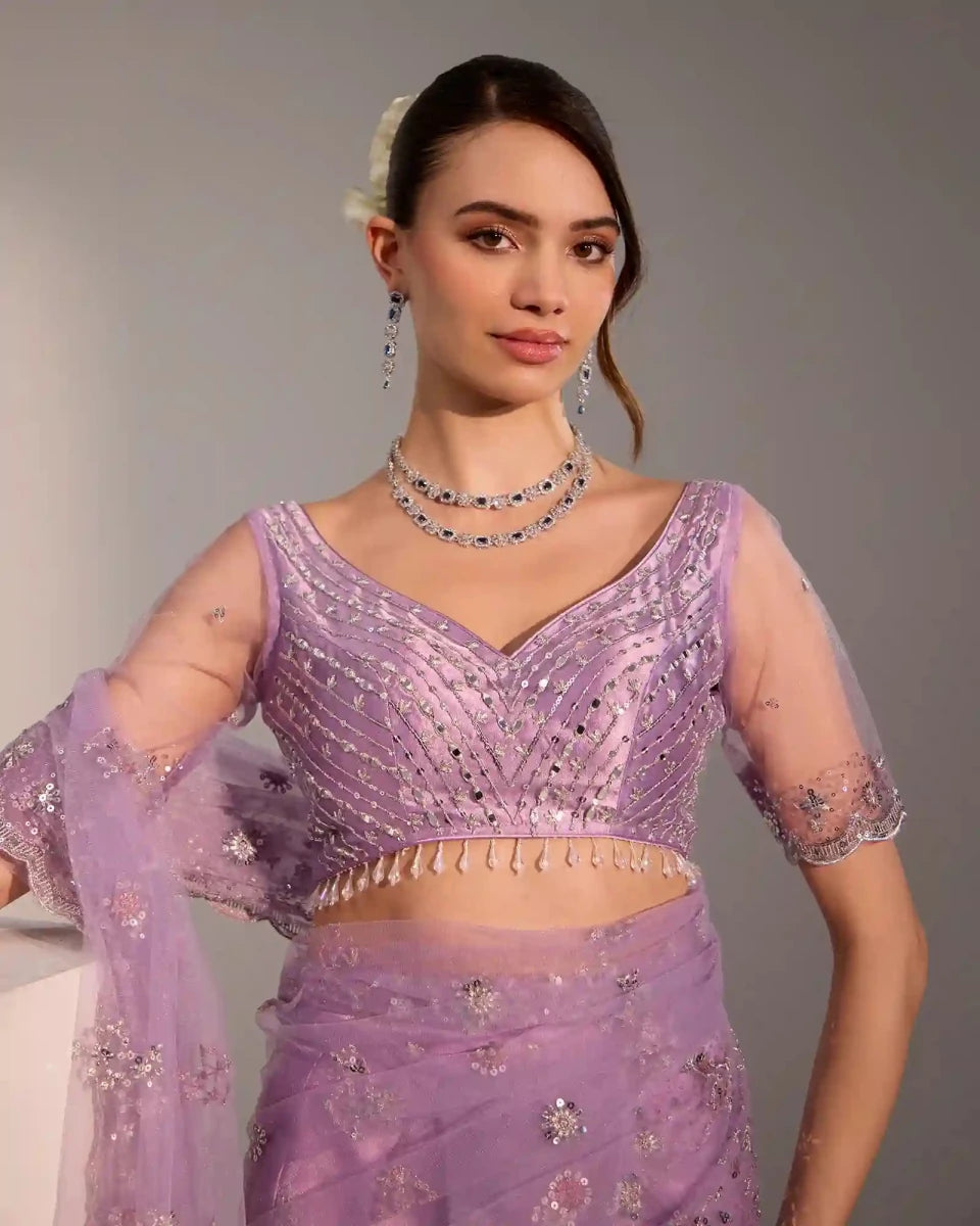 Soft Lilac Pre - Stitched Saree in Soft Net with Sequins, Silver Jari & Mirror Work - AgapiSarees