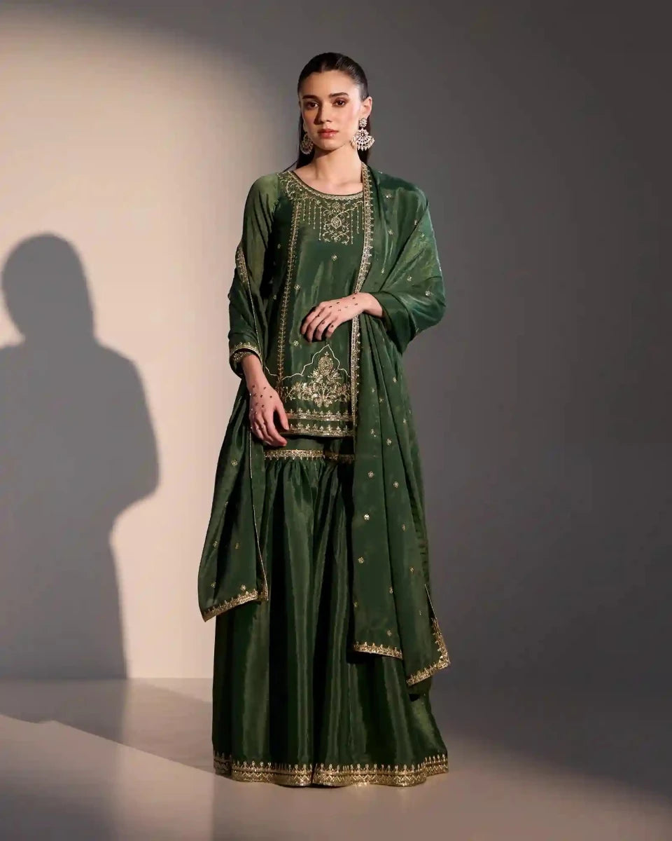 Kira Olive Green Chiffon Kurti Set with Gharara & Zari Detailing - AgapiGharara Set