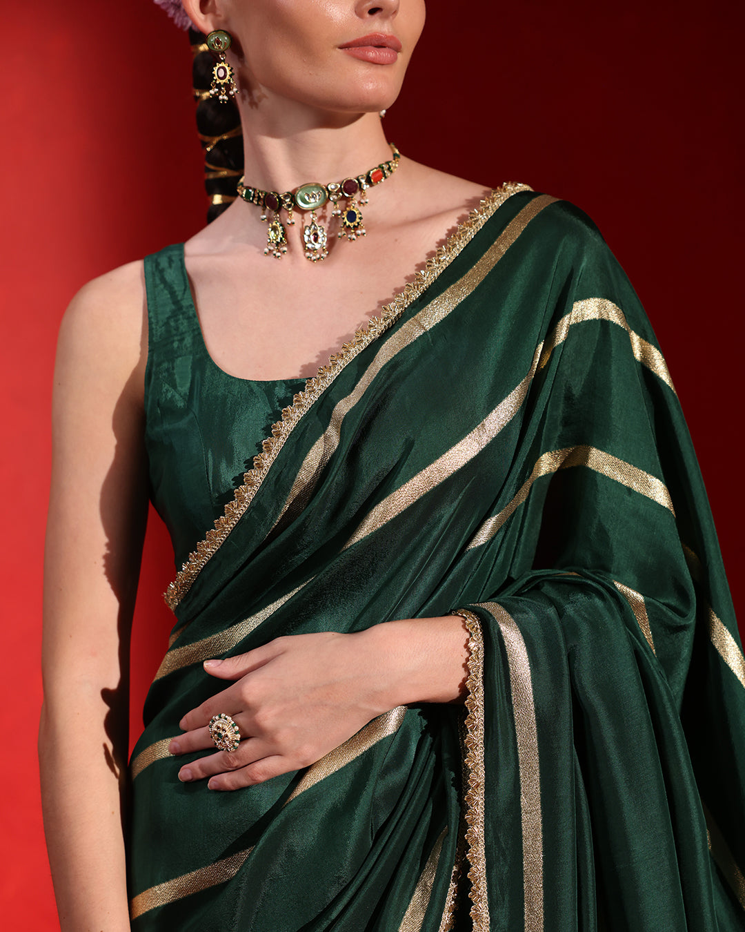 Bottle Green  Sleeveless Blouse Saree