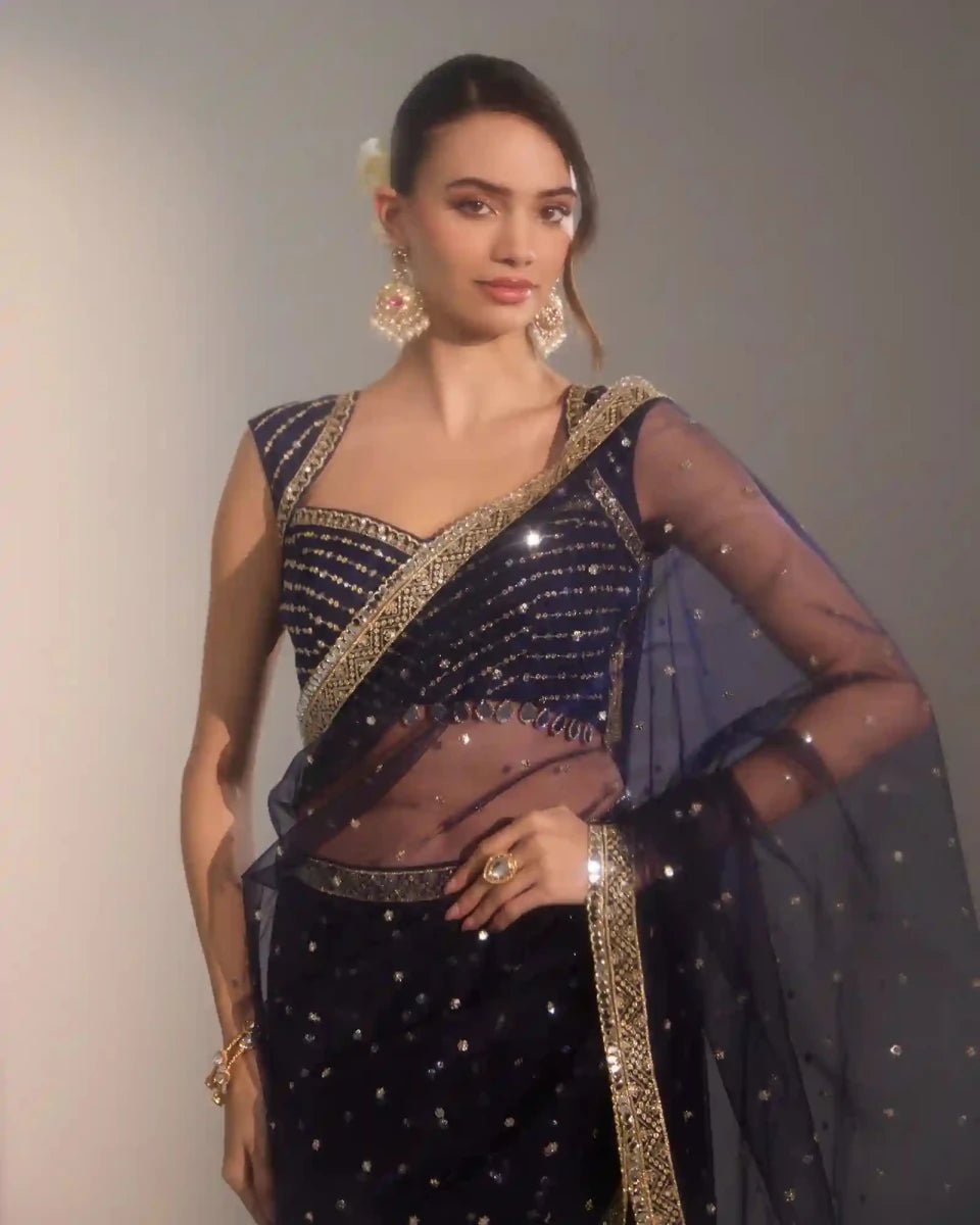Navy Blue Net Saree with Zari Sequins Work - AgapiSarees