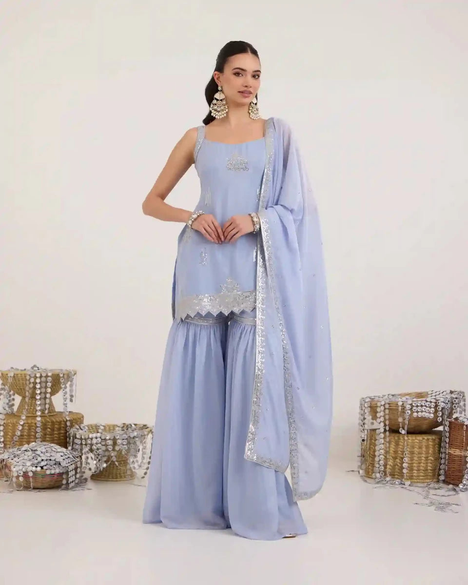 Powder Blue Chiffon Gharara Set with Zari & Sequin Embroidery - AgapiGharara Set