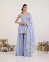 Powder Blue Chiffon Gharara Set with Zari & Sequin Embroidery - AgapiGharara Set
