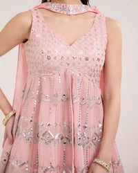 Sia Salmon Pink Chiffon Sharara Set with Mirror Work - AgapiSharara Set