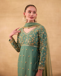 Teal Green Embroidered Kurti Set