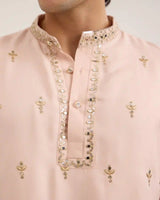 Arel Soft Apricot Satin Kurta Set with Zari - AgapiMen's Kurtha