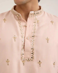 Arel Soft Apricot Satin Kurta Set with Zari - AgapiMen's Kurtha