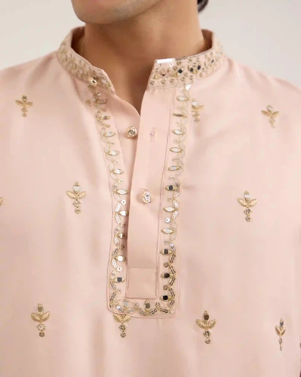 Arel Soft Apricot Satin Kurta Set with Zari - AgapiMen's Kurtha