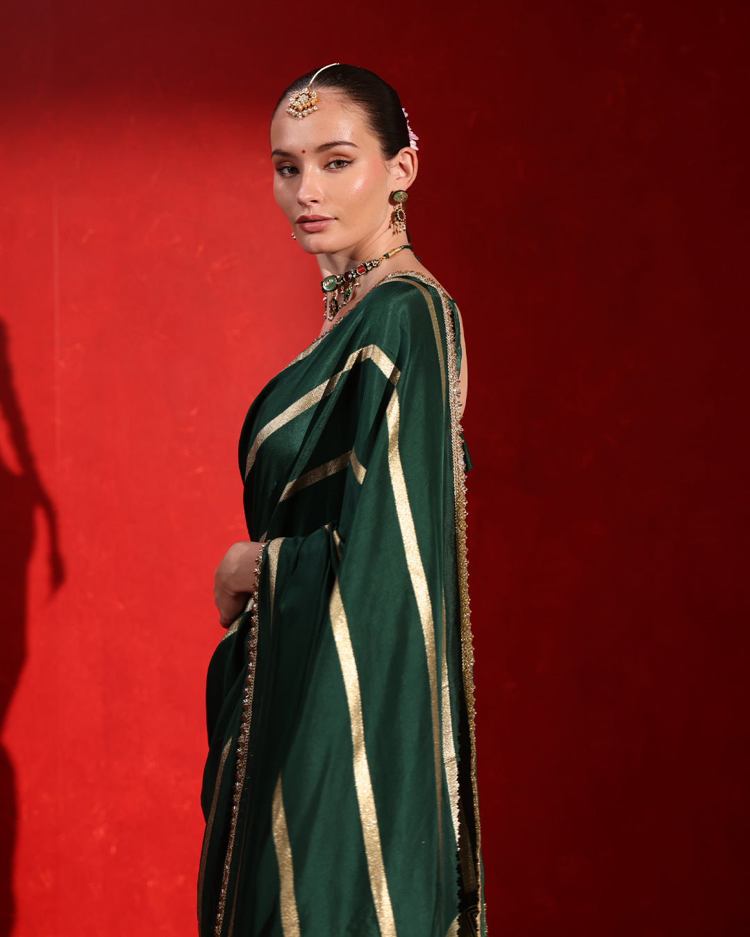Bottle Green  Sleeveless Blouse Saree