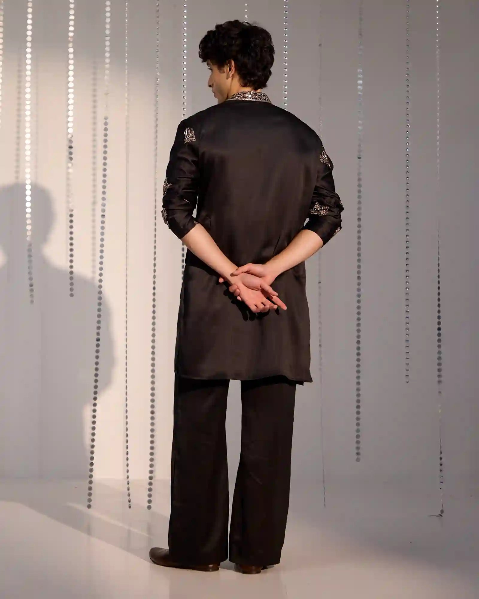 Black Satin Kurta Set with Zari Thread