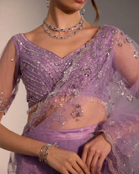 Soft Lilac Pre - Stitched Saree in Soft Net with Sequins, Silver Jari & Mirror Work - AgapiSarees