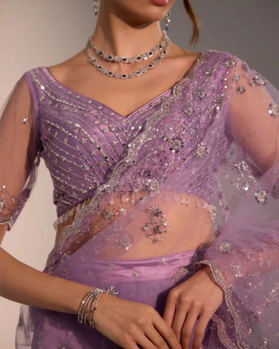 Soft Lilac Pre - Stitched Saree in Soft Net with Sequins, Silver Jari & Mirror Work - AgapiSarees
