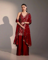 Deep Red Silk Sharara Set with Gota Paper and Sequin Work