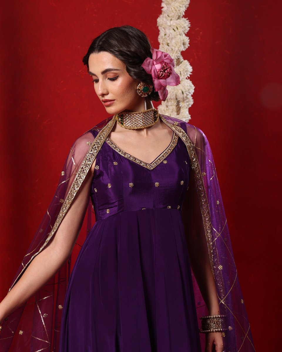 Kavya Royal Purple Anarkali Suit by Agapi Clothing featuring a graceful floor-length silhouette with refined embroidery, ideal for sangeet, engagement, and festive occasions.