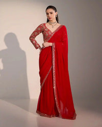 Red Georgette Saree with Zari Embroidery - AgapiSarees
