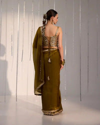 Vera Full Length Mehendi Green Pre - Draped Saree with Mirror Work Blouse - AgapiSarees