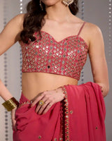 Rose Pink Georgette Pre - Draped Saree with Mirror Work - AgapiSarees