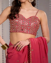 Rose Pink Georgette Pre - Draped Saree with Mirror Work - AgapiSarees