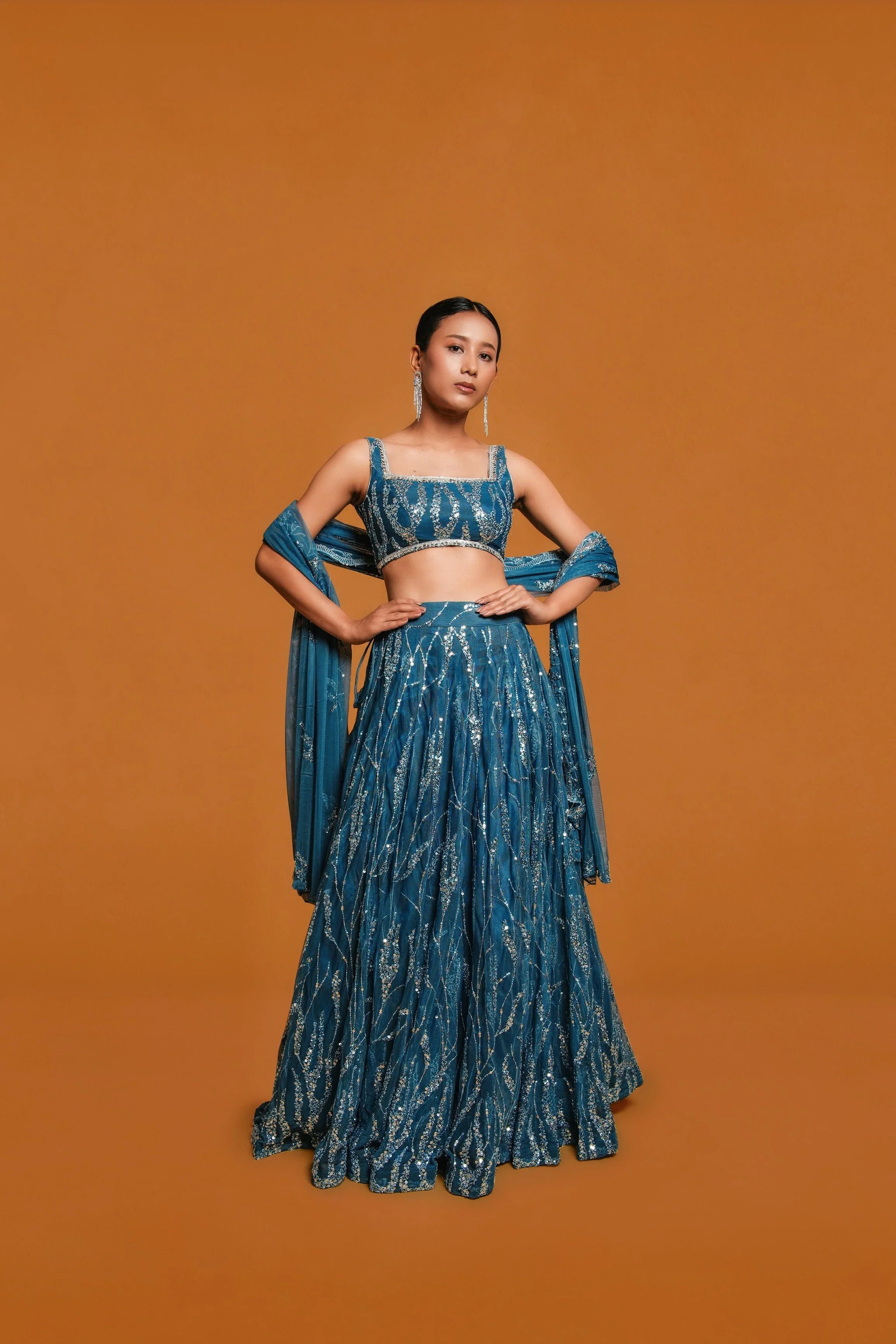 Indian Blue Lehenga with Sequin Butter Net Design