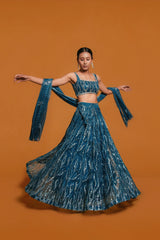 INDIAN BLUE LEHENGA WITH SEQUIN BUTTER NET DESIGN