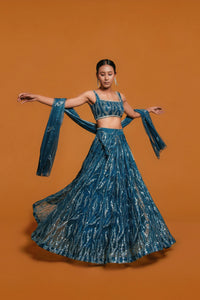 INDIAN BLUE LEHENGA WITH SEQUIN BUTTER NET DESIGN
