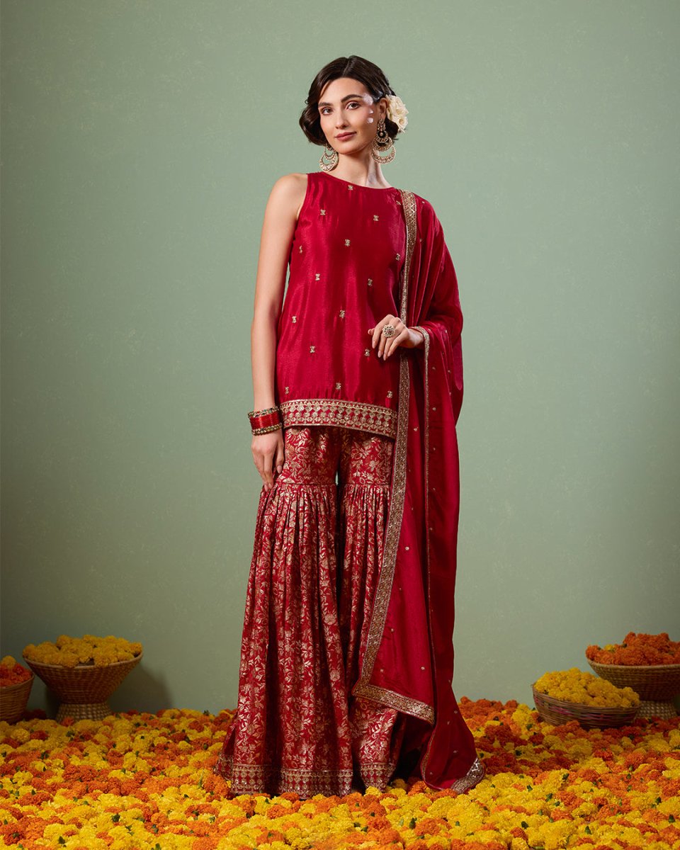 Gulnaar Red Gharara Suit - AgapiGharara Set