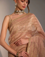 Aurelia Nude Silk Pre - Draped Saree with Golden Zari - AgapiSarees