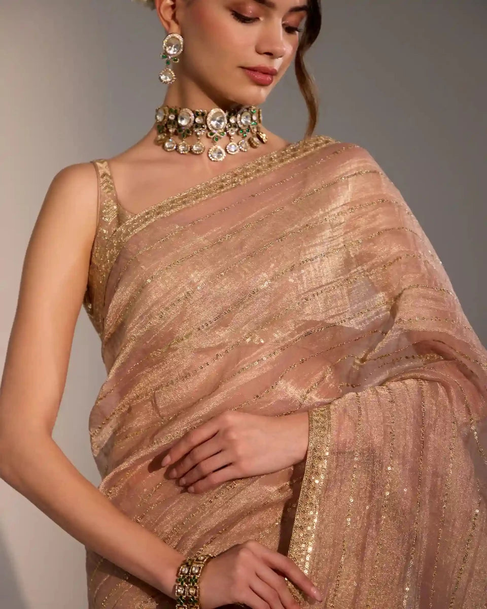 Aurelia Nude Silk Pre - Draped Saree with Golden Zari - AgapiSarees