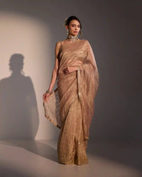 Aurelia Nude Silk Pre - Draped Saree with Golden Zari - AgapiSarees
