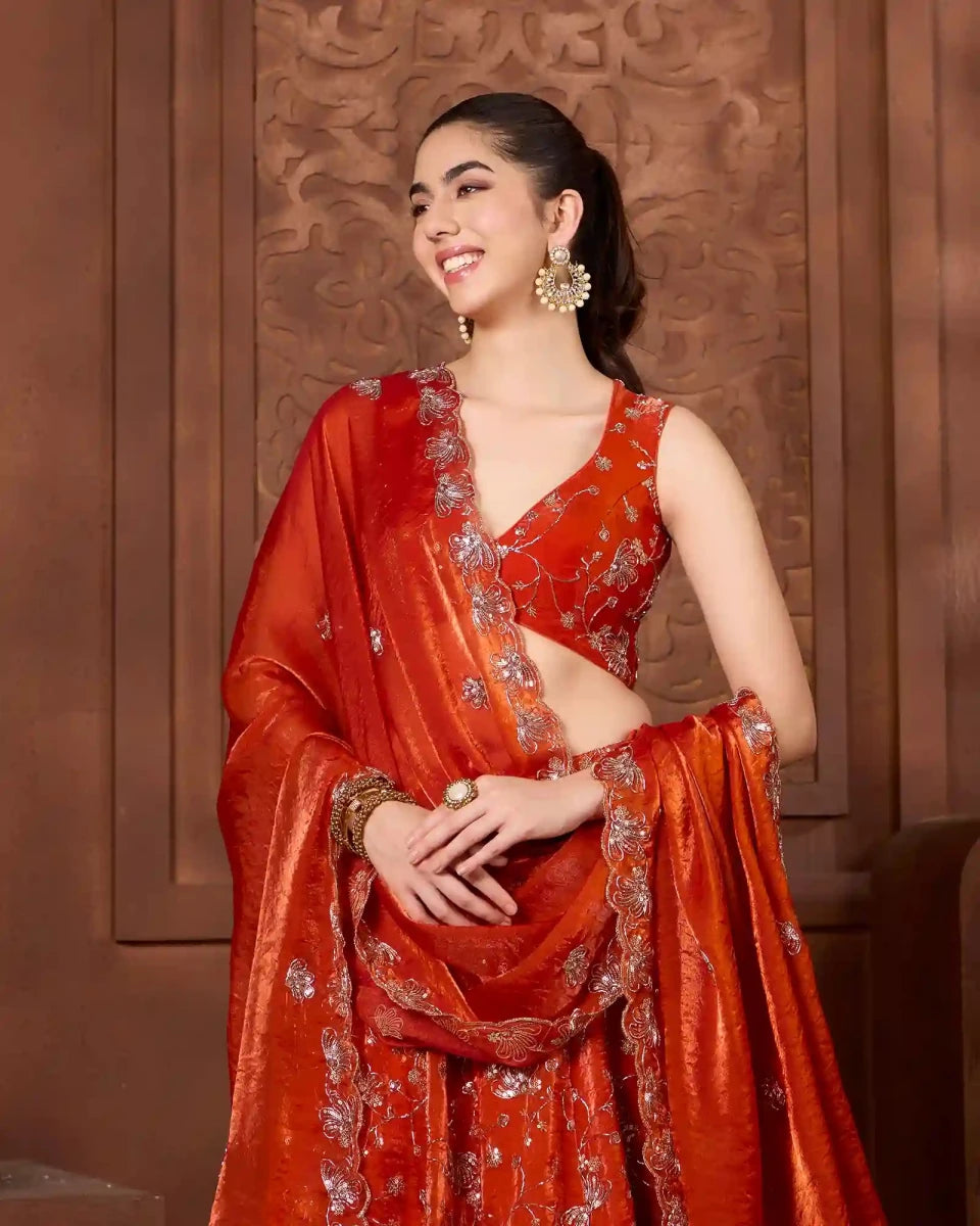 Ayla Burnt Orange Lehenga Set for Wedding & Festive Wear - AgapiLehengas