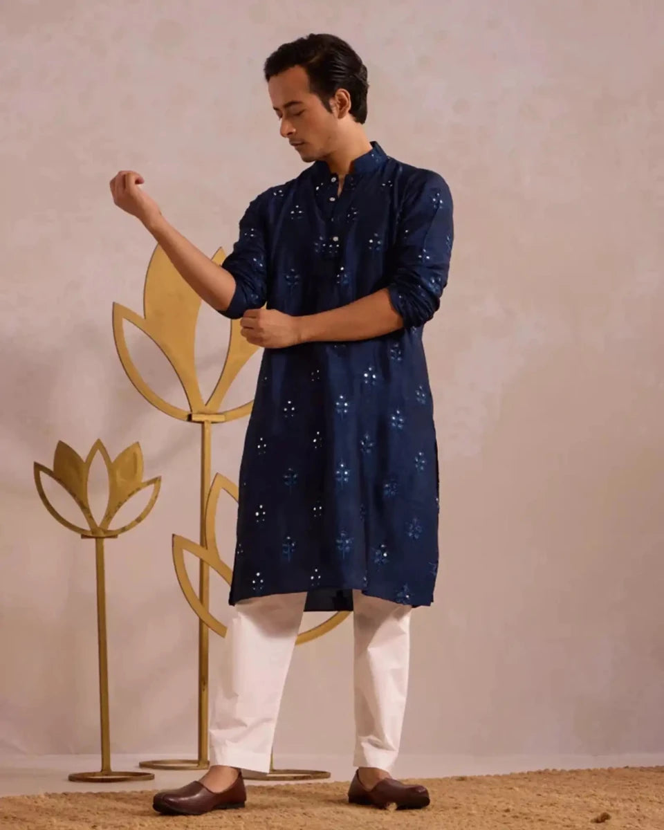Blue Throne Kurtha with Elegant Cotton - Silk - AgapiMen's Kurthi