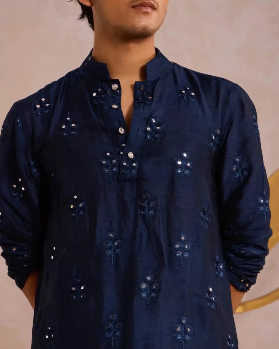 Blue Throne Kurtha with Elegant Cotton - Silk - AgapiMen's Kurthi