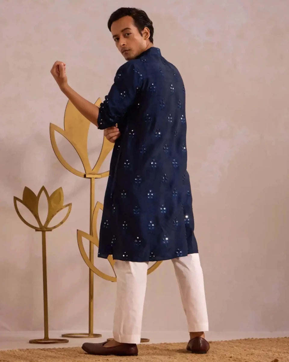 Blue Throne Kurtha with Elegant Cotton - Silk - AgapiMen's Kurthi
