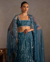 Blue Lehenga With Sequin Butter Net - AgapiLehengas