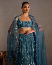 Blue Lehenga With Sequin Butter Net - AgapiLehengas